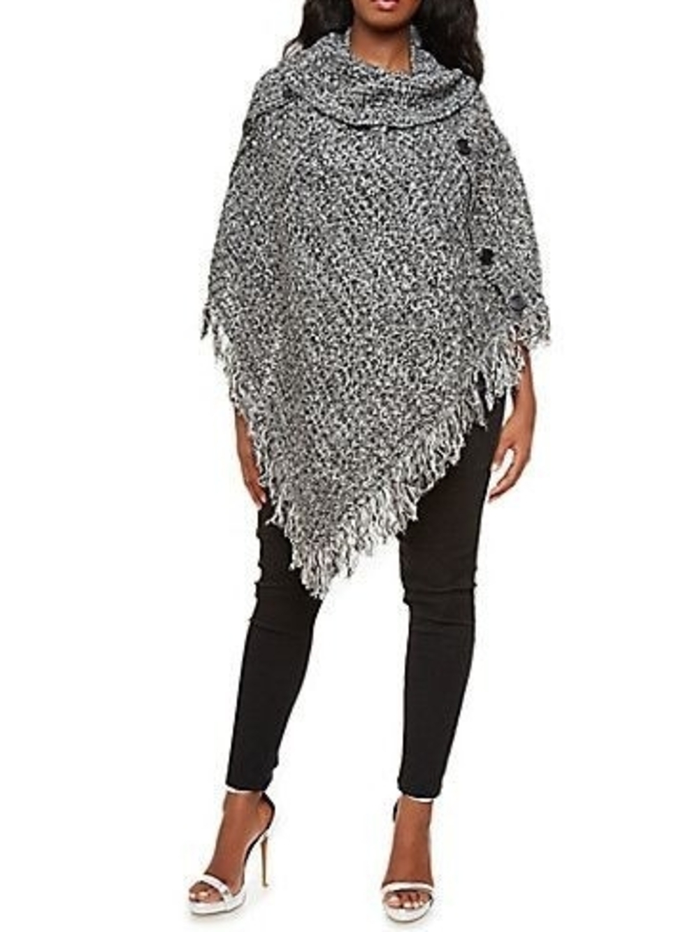 Caren Sport Gray Marled Fringe Button Poncho Size 2X